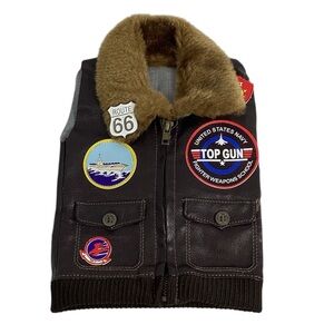 🐳 Teddy Bear Brown Faux Leather Vest with Top Gun Patch